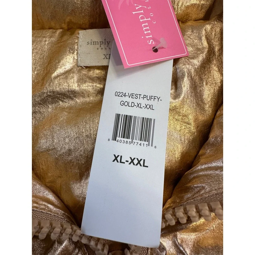 SIMPLY SOUTHERN Metallic Gold Puffy Vest Lightweight Zip Front NWT XL/XXL